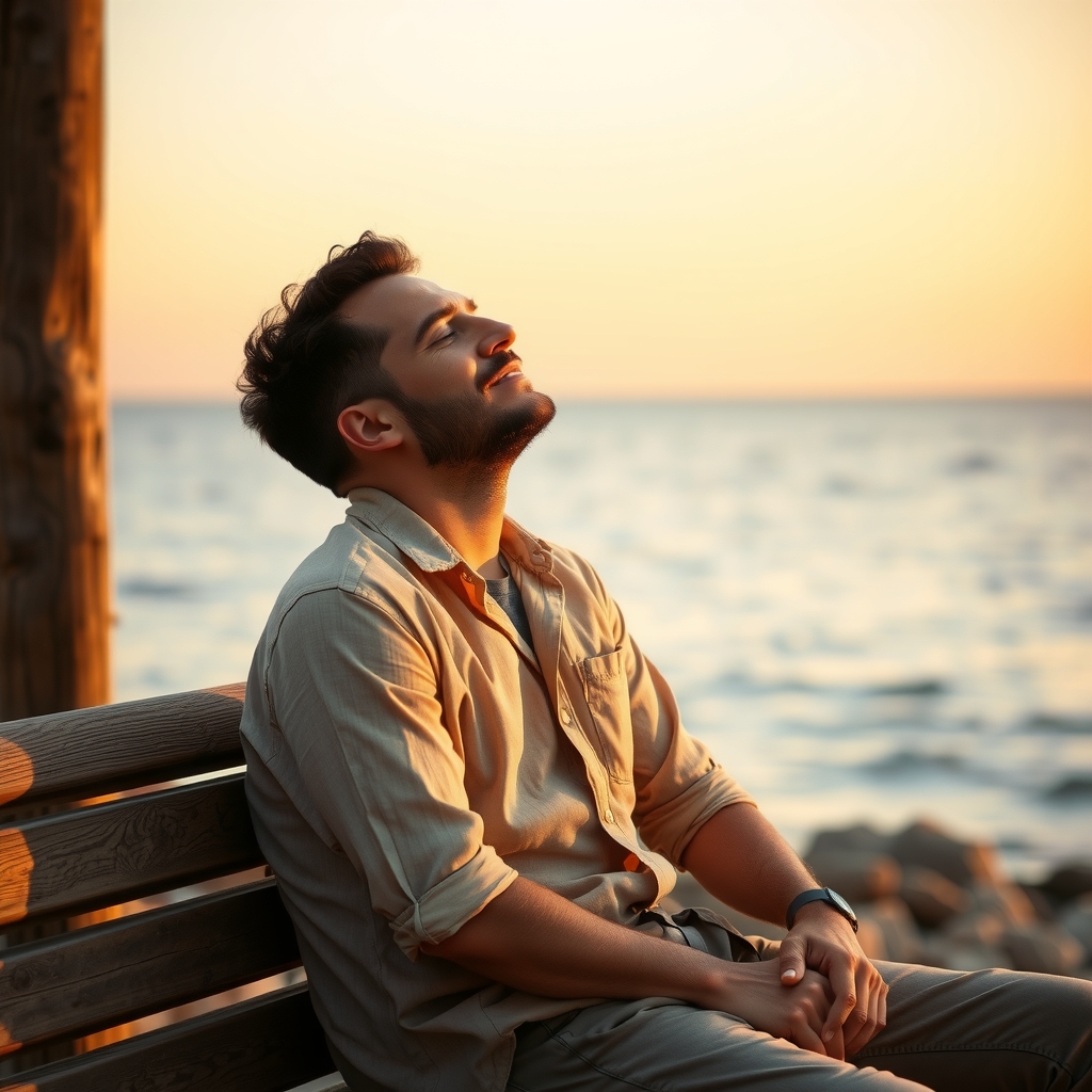 Hombre sentado frente al mar respirando con calma al atardecer