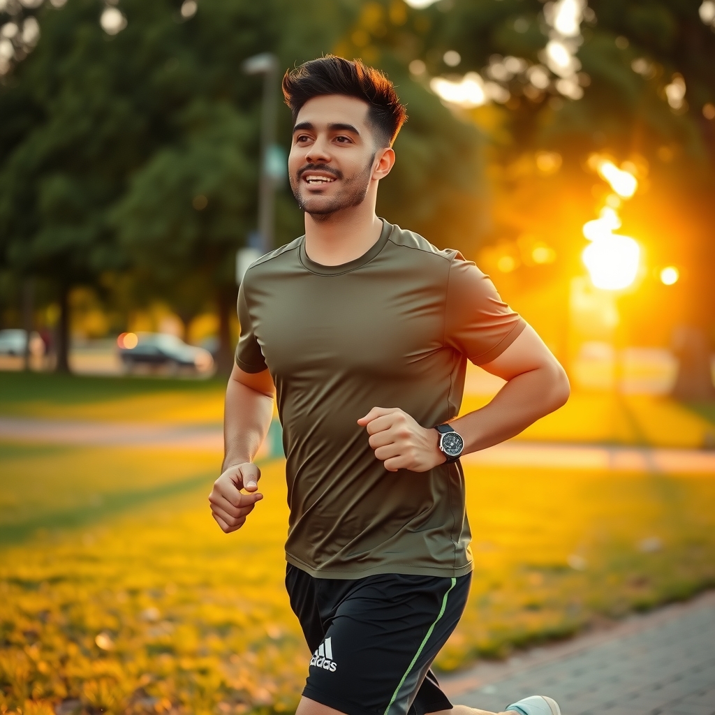Hombre corriendo en un parque al amanecer